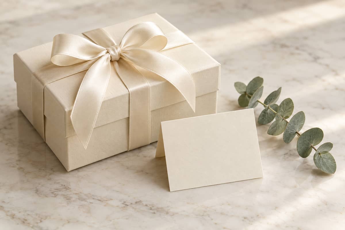 Ivory gift box with a satin bow beside a blank card and eucalyptus