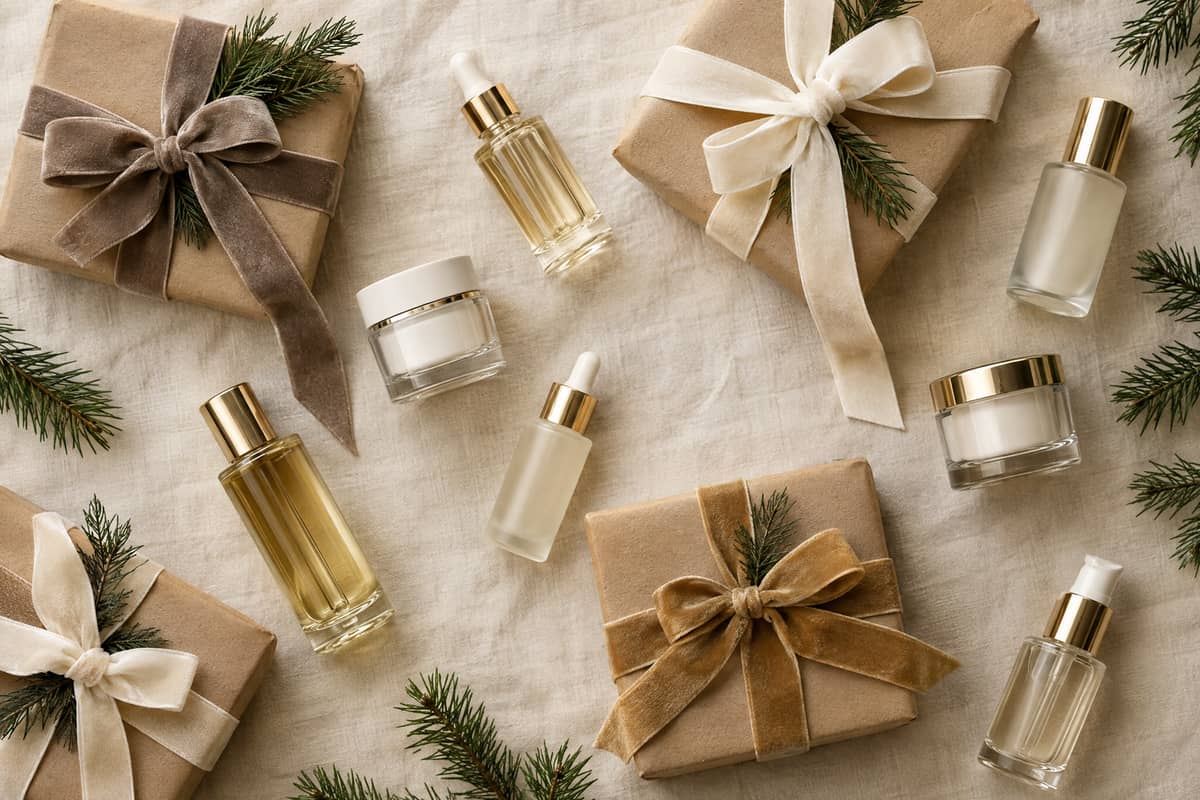 Wrapped gifts with velvet ribbons and skincare bottles on linen