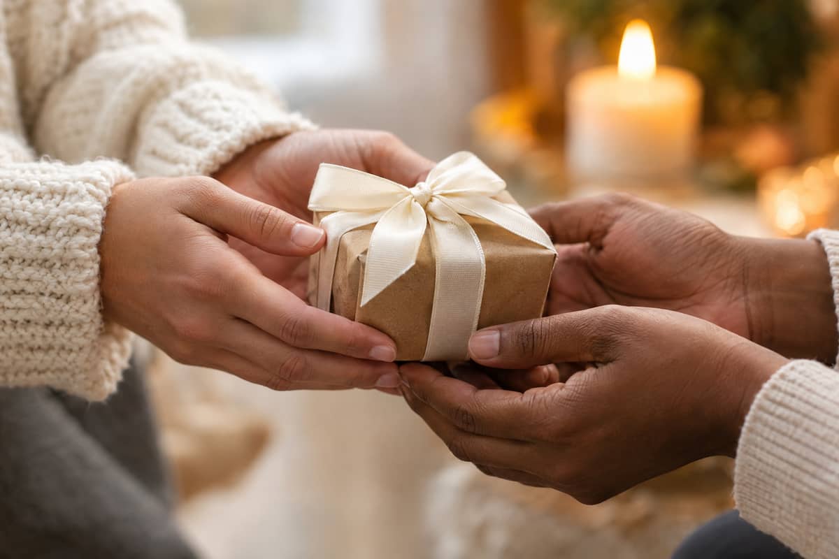 Two people passing a small wrapped gift by candlelight