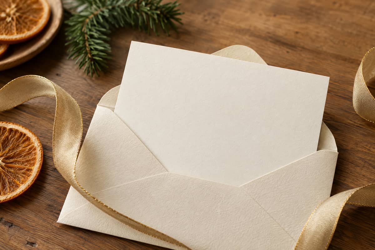 Blank gift card in an envelope with gold ribbon, pine, and dried oranges