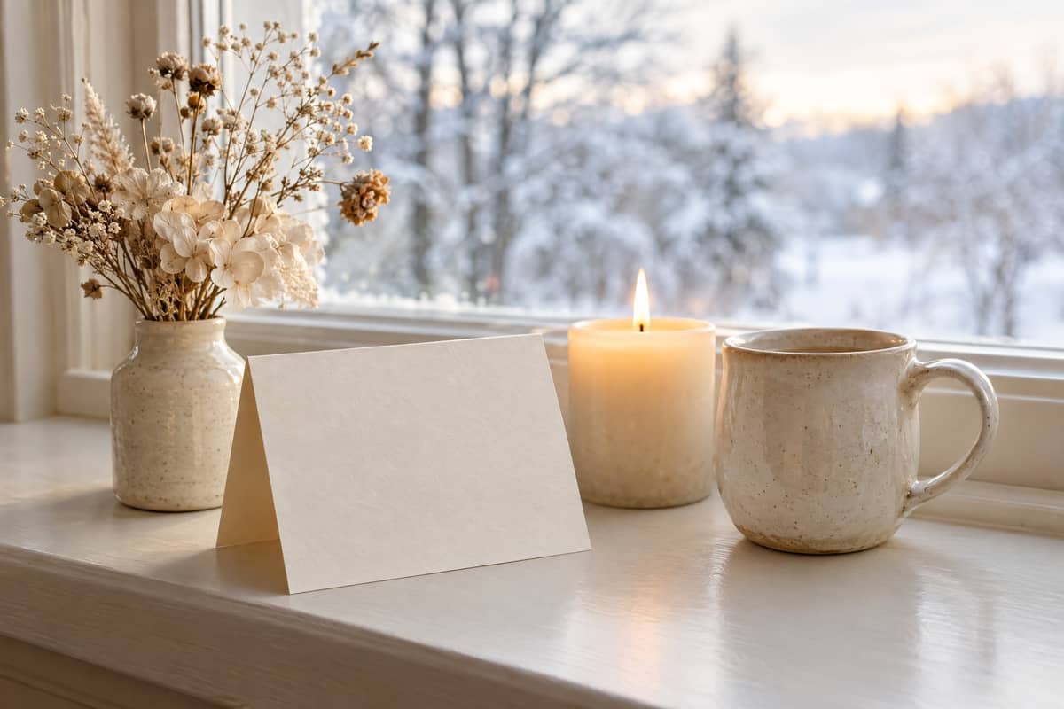 Blank thank-you card with dried flowers, a candle, and a mug on a winter windowsill