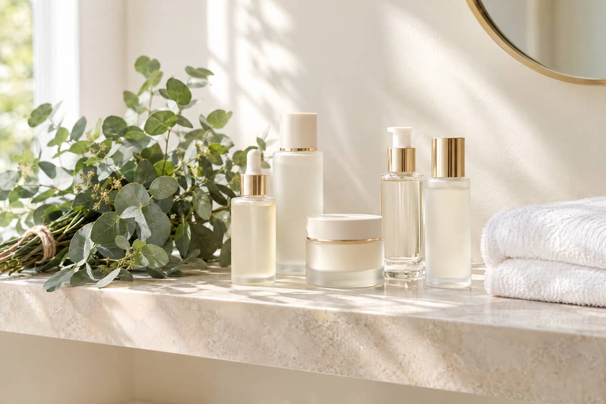 Skincare bottles and eucalyptus on a sunlit marble shelf