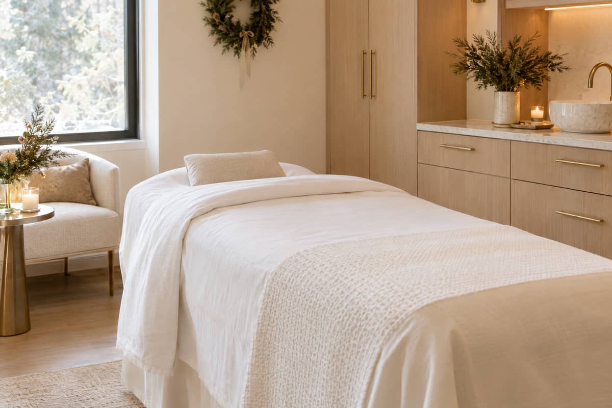 Calm treatment room with a holiday wreath and soft lighting