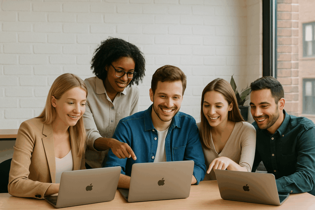 Top 5 Dermatology Marketing Agencies | Group of marketing professionals in a conference room talking about marketing activities for a dermatologist.