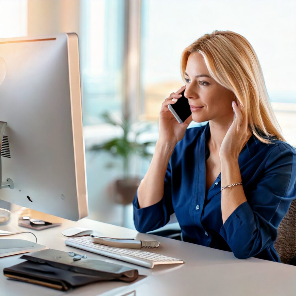 Best Med Spa Software Image showing medical professional making a call at computer.